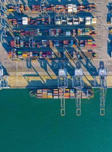A vertical top view of ISO containers for cargo on a ship in Kochi, the coastal line of Kerala, India